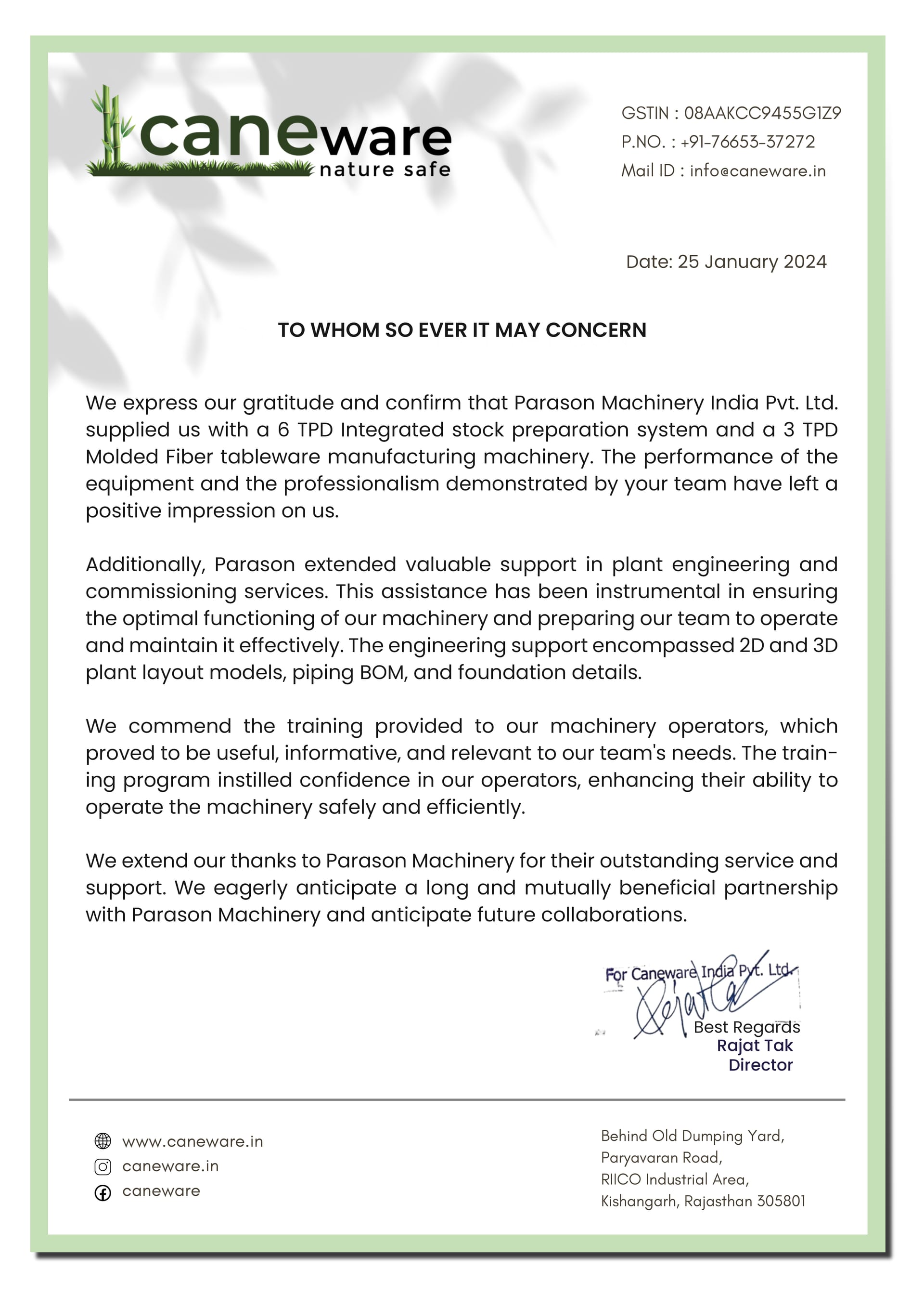 Caneware appreciation letter